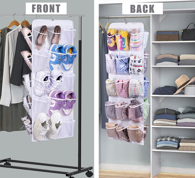 MISSLO Dual Sided Hanging Shoe Rack for Closet Shoe Organizer with 30 Large Clear Pockets and Rotating Hanger, White Furniture > Cabinets & Storage > Armoires & Wardrobes MISSLO   