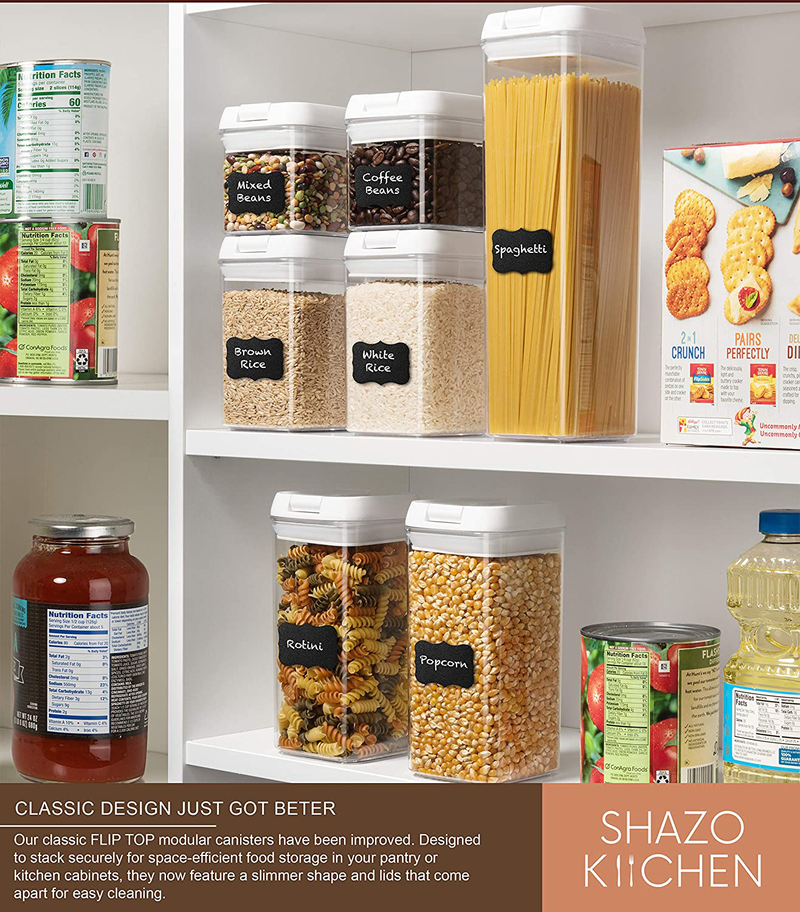 Shazo Airtight Container Set for Food Storage - 7 Piece Set + Heavy Duty Plastic - BPA Free - Airtight Storage Clear Plastic W/White Interchangeable Lids Kitchen Counter Storage Bin -18 Labels+Marker Home & Garden > Kitchen & Dining > Food Storage Shazo   