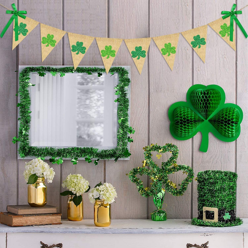 Glitter Shamrock Garland Banner Burlap | Rustic St. Patrick'S Day Shamrock Garland | St. Patrick'S Day Decorations | Shamrock Clover Garland Banner | Irish Lucky Day Home Outdoor Hanging Decor Arts & Entertainment > Party & Celebration > Party Supplies Partyprops   