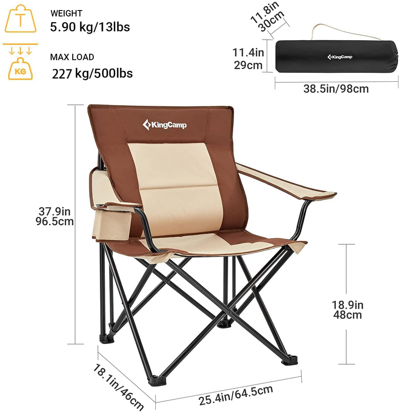 Kingcamp Lumbar Support Folding Camping Chair, Adjustable Armrest Oversized Heavy Duty Collapsible Padded Camp Chairs with Cup Holder,Pocket for Outdoor BBQ Picnic Fishing Hiking Sport Event,300Lbs