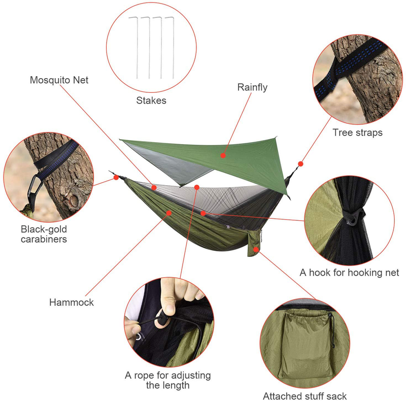 FIRINER Camping Hammock with Rain Fly Tarp and Mosquito Net Tent Tree Straps, Portable Single Double Nylon Parachute Hammock Rainfly Set for Backpacking Hiking Travel Yard Outdoor Activities Home & Garden > Lawn & Garden > Outdoor Living > Hammocks FIRINER   