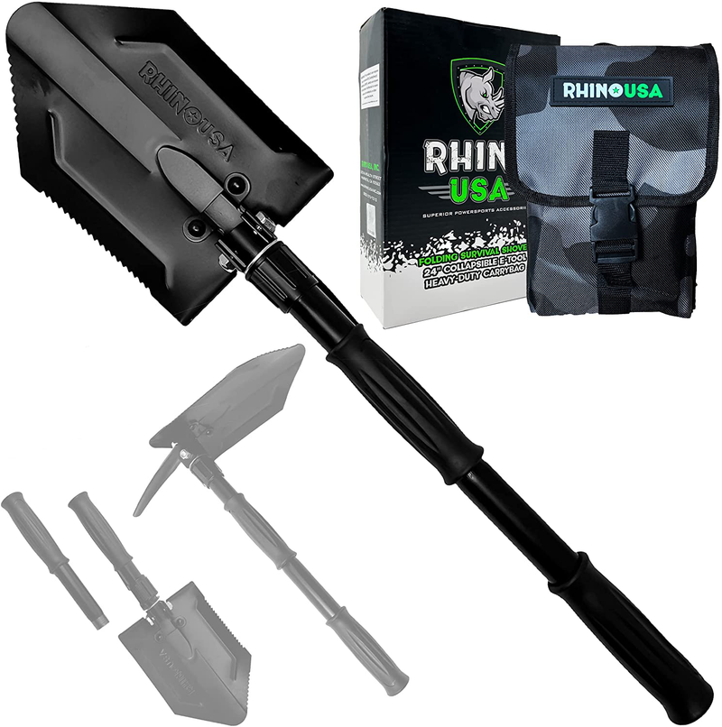RHINO USA Folding Survival Shovel W/Pick - Heavy Duty Carbon Steel Military Style Entrenching Tool for off Road, Camping, Gardening, Beach, Digging Dirt, Sand, Mud & Snow. Sporting Goods > Outdoor Recreation > Camping & Hiking > Camping Tools Rhino USA Recovery Shovel  