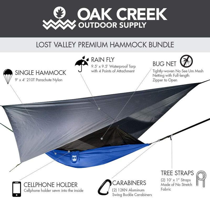 Oak Creek Lost Valley Camping Hammock. Bundle Includes Mosquito Net, Rain Fly, Tree Straps, Compression Sack. Weighs Four Pounds, Perfect for Camping. Lightweight Nylon Single Hammock.