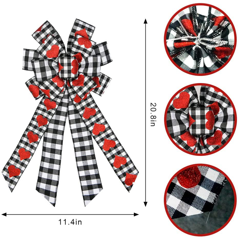 Threetols Large Valentine'S Day Wreath Bows, Black and White Buffalo Plaid Bows Wreath for Front Door Valentine Red Glitter Heart Decoration Bows for Indoor Outdoor Holiday Wedding Party Decoration Home & Garden > Decor > Seasonal & Holiday Decorations Threetols   