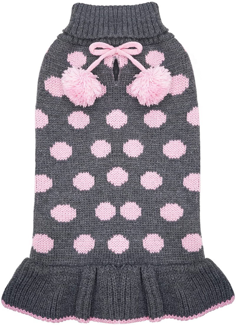 KYEESE Dog Sweater Dress Turtleneck Polka Dot Dog Sweaters with Leash Hole Knitwear Warm Pet Sweater with Pom Pom Ball Animals & Pet Supplies > Pet Supplies > Dog Supplies > Dog Apparel KYEESE Polkadot (Grey) X-Large (Pack of 1) 