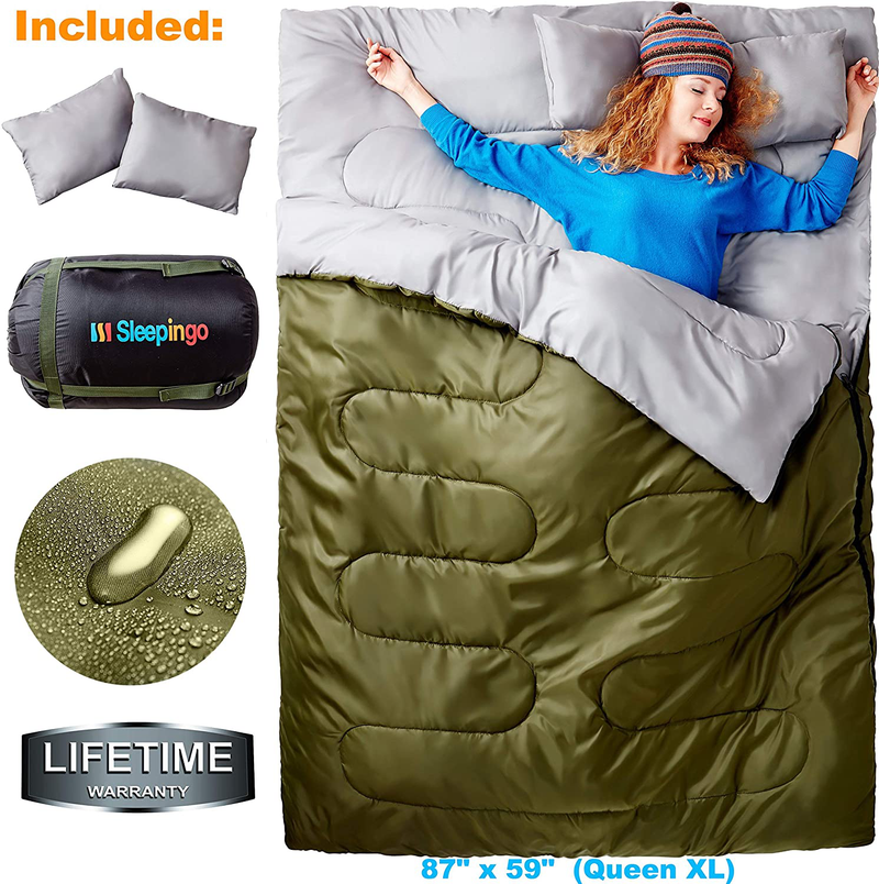 Sleepingo Double Sleeping Bag for Backpacking, Camping, or Hiking - Queen Size XL for 2 People, Cold Weather, Waterproof Sleeping Bag for Adults or Teens, Truck, Tent, or Sleeping Pad, Lightweight Sporting Goods > Outdoor Recreation > Camping & Hiking > Sleeping Bags Sleepingo   