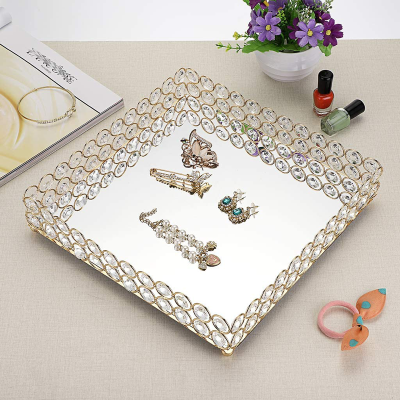 Hipiwe Crystal Cosmetic MakeupTray - 10.6 inches Square Vanity Tray Jewelry Trinket Organizer Tray Mirrored Decorative Tray Christmas, Large