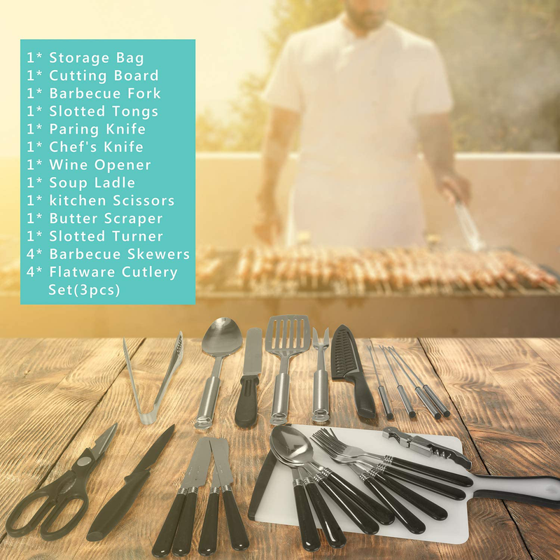 Portable Camping Kitchen Utensil Set, Stainless Steel Outdoor Cooking and Grilling Utensil Organizer Travel Set Perfect for Travel, Picnics, Rvs, Camping, Bbqs, Parties and More (9Pcs or 27Pcs) Sporting Goods > Outdoor Recreation > Camping & Hiking > Camping Tools NEXGADGET   