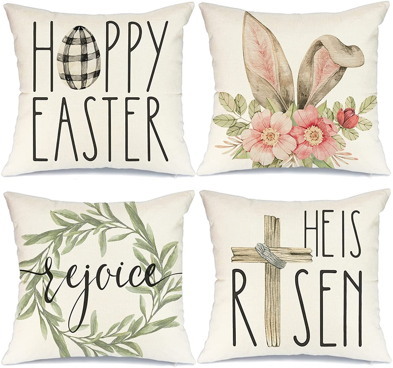 Easter Pillow Covers 18X18 Set of 4 Easter Decorations for Home He Is Risen Floral Pillows Bunny Easter Buffalo Plaid Eggs Decorative Throw Pillows Spring Easter Farmhouse Decor A476-18 Home & Garden > Decor > Seasonal & Holiday Decorations AENEY Multicolor 18 x 18-Inch 