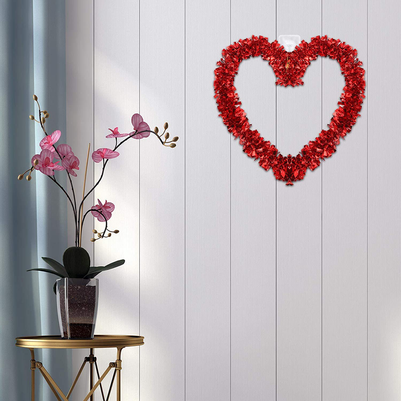 SUSSURRO 4 Pack Tinsel Heart Wreath for Valentines Day Valentine Love Wreath Decorations with 4 Pieces Hanger Hooks for Wedding,Party and Valentines Day