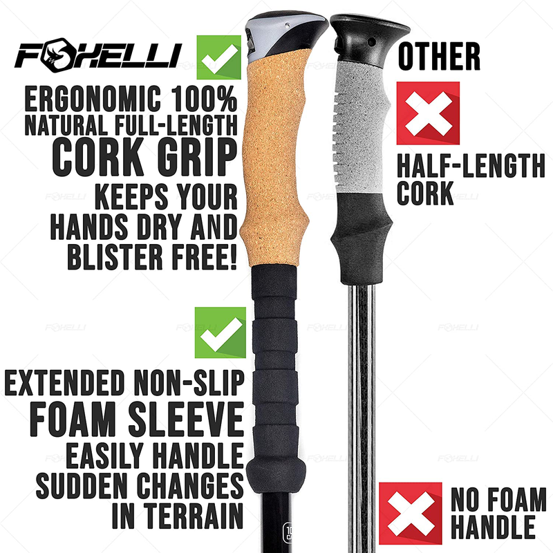 Foxelli Trekking Poles – 2-Pc Pack Collapsible Lightweight Hiking Poles, Strong Aircraft Aluminum Adjustable Walking Sticks with Natural Cork Grips and 4 Season All Terrain Accessories Sporting Goods > Outdoor Recreation > Camping & Hiking > Hiking Poles Foxelli   