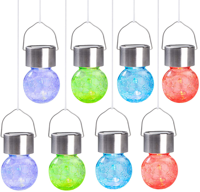 GIGALUMI 8 Pack Hanging Solar Lights, Christmas Decoration Lights with Multi-Color Changing Cracked Glass Hanging Ball Lights Waterproof Outdoor Solar Lanterns for Garden, Yard, Patio, Lawn