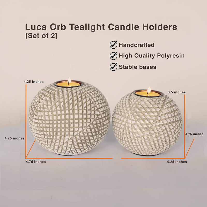 Luca Orb Candle Holders (Gift Boxed Set of 2), Table Centerpieces for Dining or Living Room, Spa, Bathroom, Kitchen Counter, Mantle or Coffee Table Decor (Grid Pattern, Beige and White)