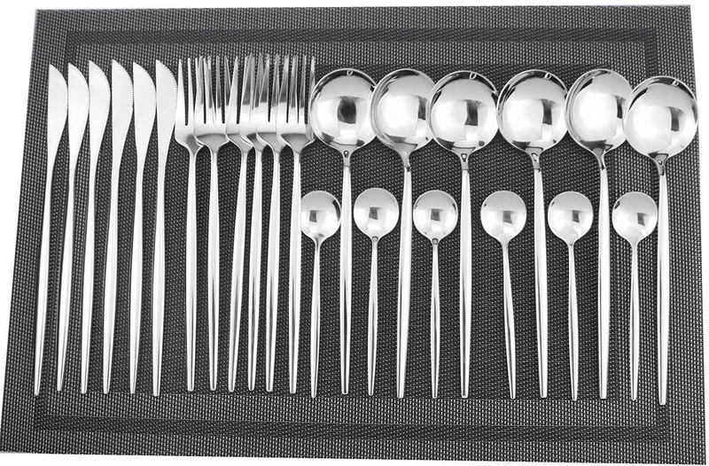 Gugrida 24-Piece Silverware Set - 18/10 Stainless Steel Reusable Utensils Forks Spoons Knives Set, Mirror Polished Cutlery Flatware Set, Great for Family Gatherings & Daily Use (6 set, Black Handle) Home & Garden > Kitchen & Dining > Tableware > Flatware > Flatware Sets Gugrida Silver  