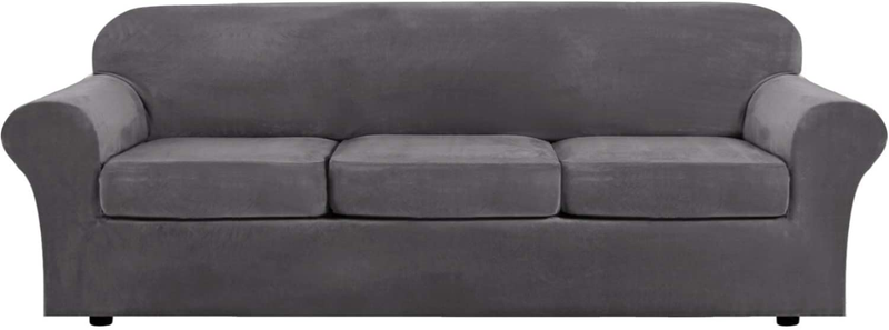 Modern Velvet Plush 4 Piece High Stretch Sofa Slipcover Strap Sofa Cover Furniture Protector Form Fit Luxury Thick Velvet Sofa Cover for 3 Cushion Couch, Machine Washable(Sofa,Gray) Home & Garden > Decor > Chair & Sofa Cushions H.VERSAILTEX Grey X-Large 