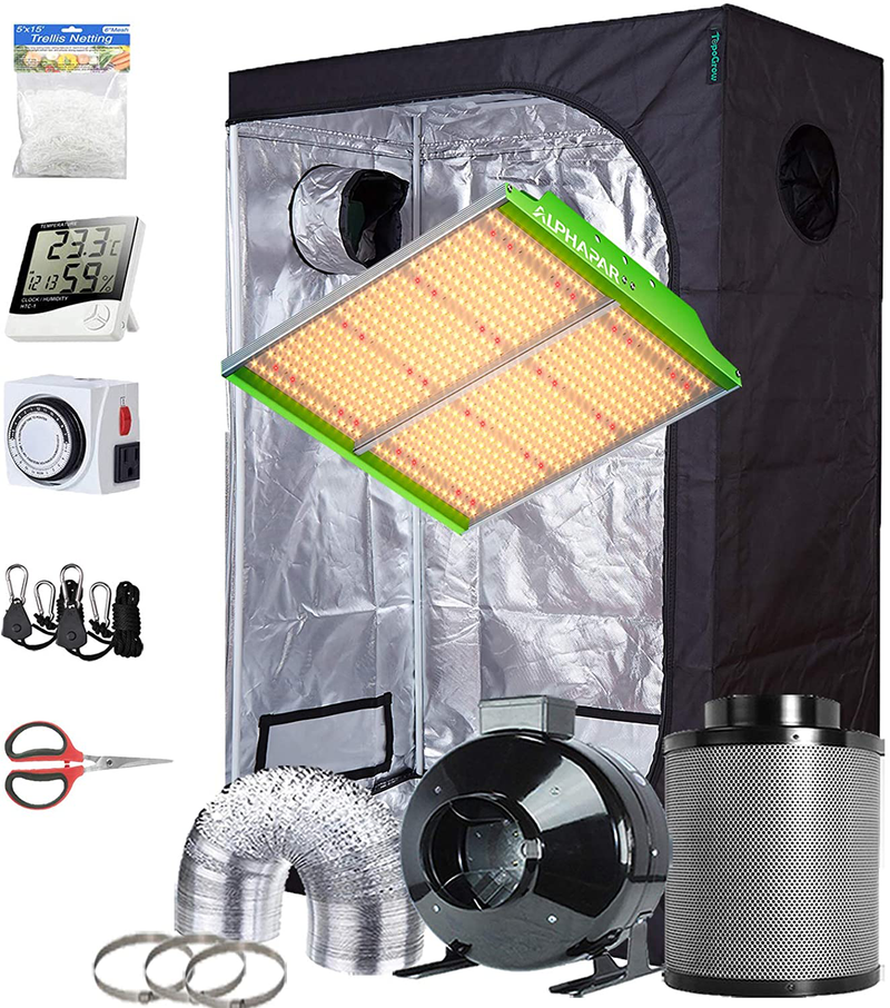 Topogrow Hydroponic Growing Tents Kit Complete Alphapar AQ300 LED Grow Light Lamp Full-Spectrum, 32"X32"X63"Indoor Grow Tent, 4" Ventilation Kit with Accessories for Plant Growing Sporting Goods > Outdoor Recreation > Camping & Hiking > Tent Accessories TopoGrow APQ600S 48"X24"X72"Kit 