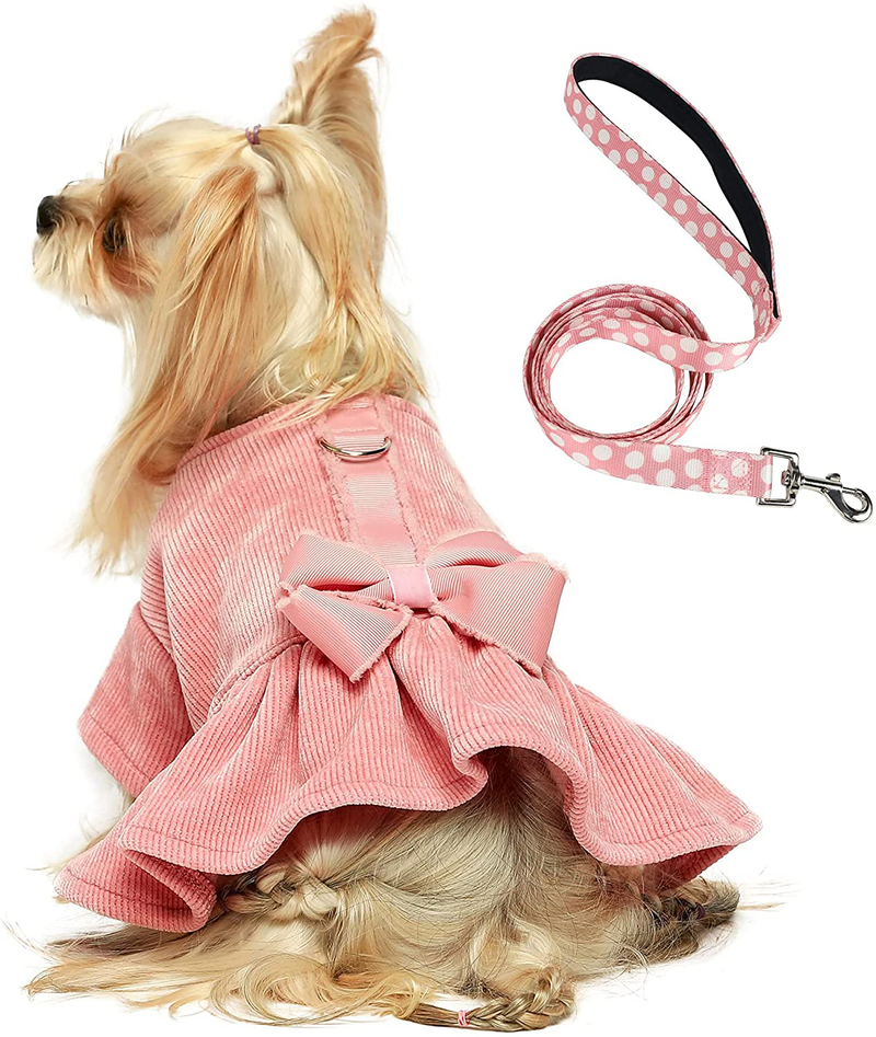 Fitwarm Dog Harness Dress with Leash Set Comfy Puppy Girl Skirt Doggy One-Piece with D Ring Pet Clothes for Walk Doggie Outfits Cat Apparel