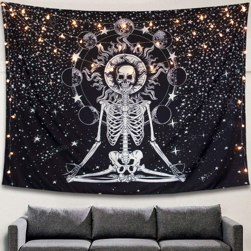 Lifeel Skull Tapestry Meditation Skeleton Chakra Starry Black and White Yoga Wall Hanging Home Decor for Room (50"×60")