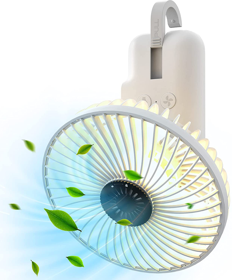 Kloudi USB Rechargeable Portable Fan,Mini Battery Operated Camping Fan with LED Lantern and Hanging Hook ,3 Speed Adjustable Personal Small Desk Fan for Sleeping,Tent,Office,Home,Travel  Kloudi White  