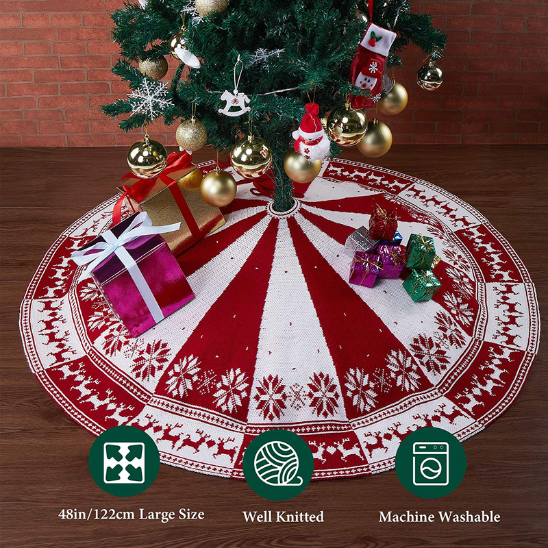 PEKACA Christmas Tree Skirt Red and White, 48 Inches Thick Cable Knitted Knit Rustic Xmas Tree Skirt, Perfect for 5 ft. Tall to 7.5 ft. Tall Large Christmas Trees, White and Burgundy Home & Garden > Decor > Seasonal & Holiday Decorations > Christmas Tree Skirts PEKACA   