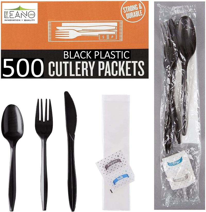 250 Plastic Cutlery Packets - Knife Fork Spoon Napkin Salt Pepper Sets | Black Plastic Silverware Sets Individually Wrapped Cutlery Kits, Bulk Plastic Utensil Cutlery Set Disposable To Go Silverware