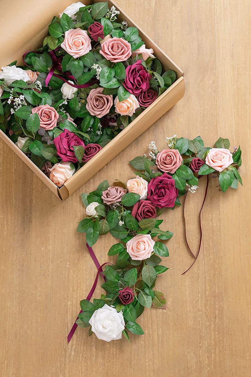 Ling's moment Handcrafted Rose Flower Garland Floral Arrangements Pack of 6 for Lanterns Wedding Table Centerpieces Floral Runner Wreath Decorations (Burgundy +Blush)