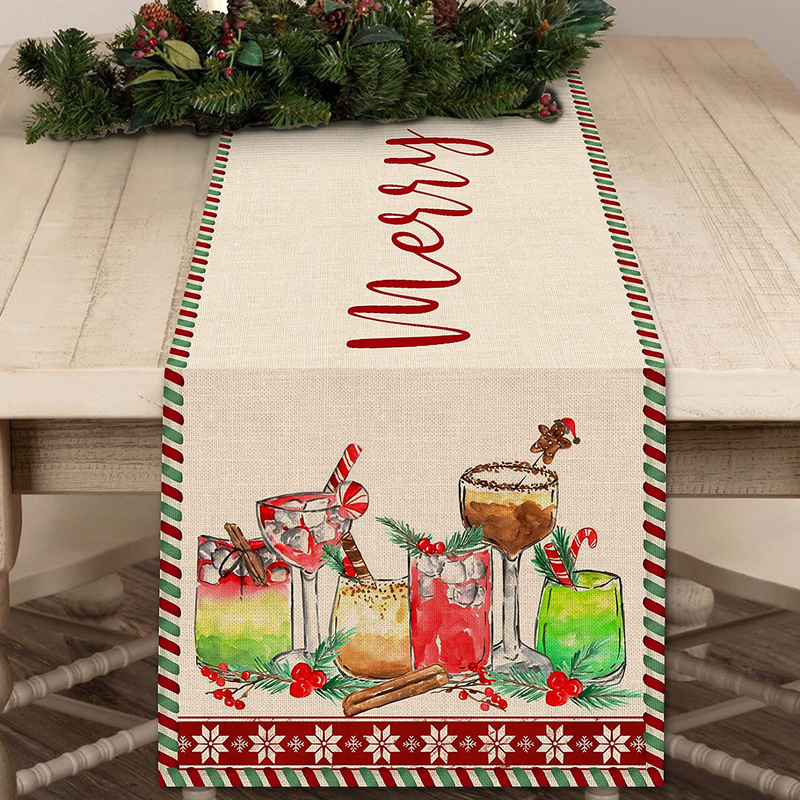 Seliem Merry Christmas Cocktail Drinks Table Runner, Watercolor Red Green Xmas Tabletop Scarf Home Kitchen Berry Decor Sign, Winter Holiday Farmhouse Rustic Burlap Dining Decoration Party Supply 13X72 Home & Garden > Decor > Seasonal & Holiday Decorations Seliem Drinks  
