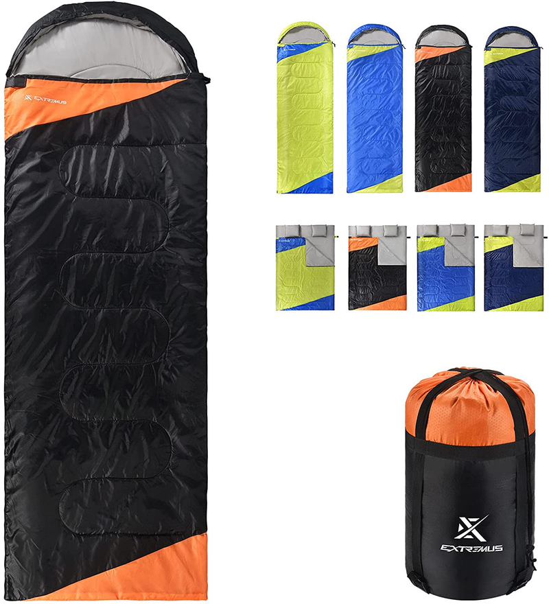 Extremus Rectangular Camping Sleeping Bag, 3-Season Comfort, Single/Double Backpacking Sleeping Bags for Adults, Lightweight, Water Repellency,Camping Gear, Stuff Sack with Compression Straps Included Sporting Goods > Outdoor Recreation > Camping & Hiking > Sleeping Bags Extremus A: Single-Black/Orange  
