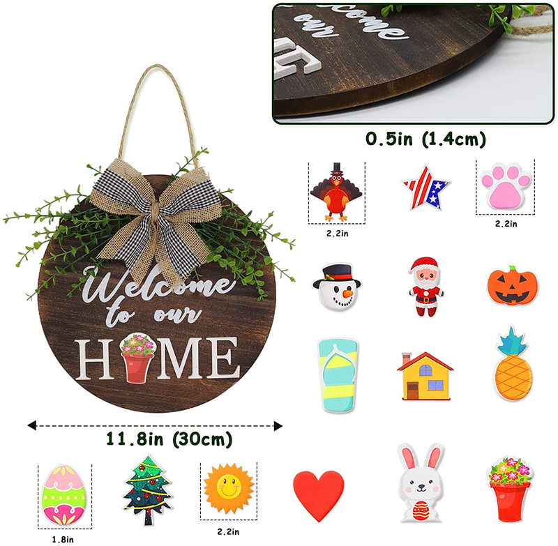 Seasonal Interchangeable Welcome Sign for Front Door Decor, Perfect for Christmas Day Thanks Giving Day, Wood round Wreath with Buffalo Plaid Bow 15 Pieces Hanging Ornaments Home & Garden > Decor > Seasonal & Holiday Decorations YUESUO   