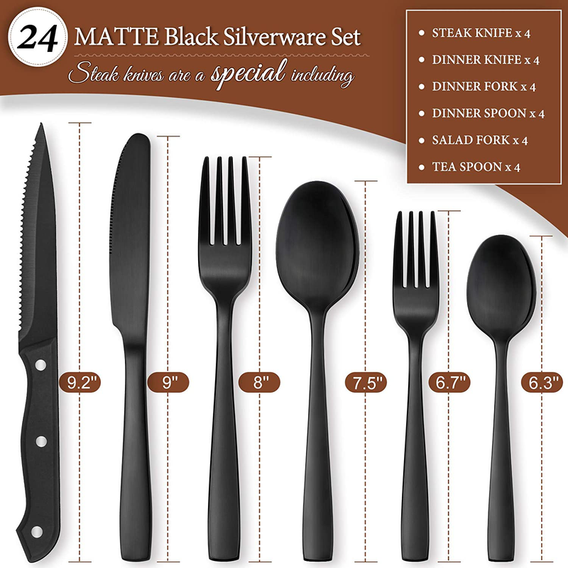 Hiware 24 Pieces Matte Black Silverware Set with Steak Knives for 4, Stainless Steel Flatware Cutlery Set, Hand Wash Recommended Home & Garden > Kitchen & Dining > Tableware > Flatware > Flatware Sets HIWARE   