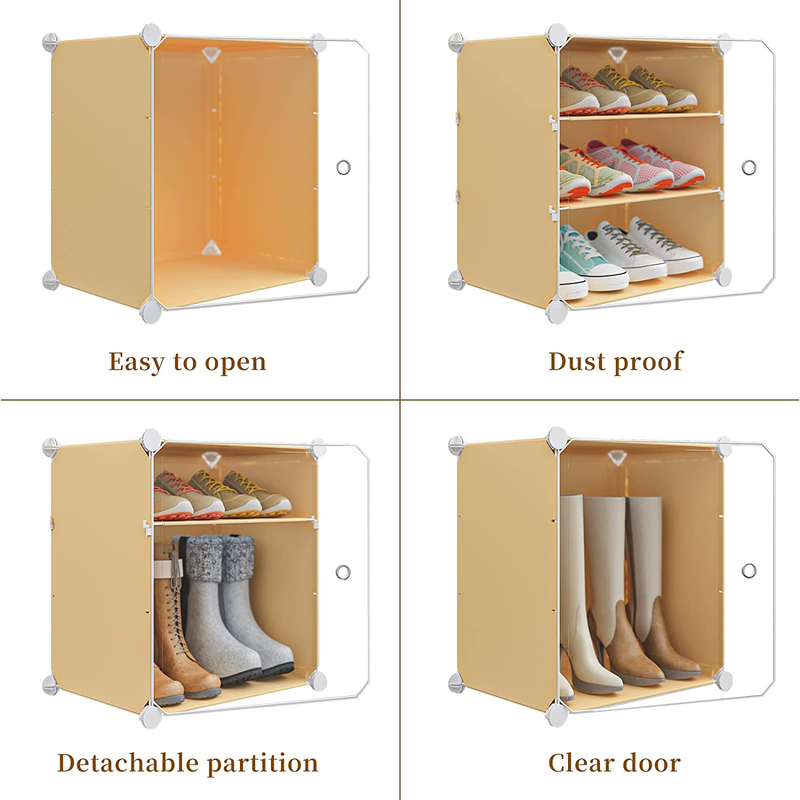 MAGINELS 72-Pairs Shoe Rack DIY Shoe Storage Shelf Organizer, Plastic Shoe Organizer for Entryway, Shoe Cabinet with Doors, Honey Color，Clear Door Furniture > Cabinets & Storage > Armoires & Wardrobes MAGINELS   
