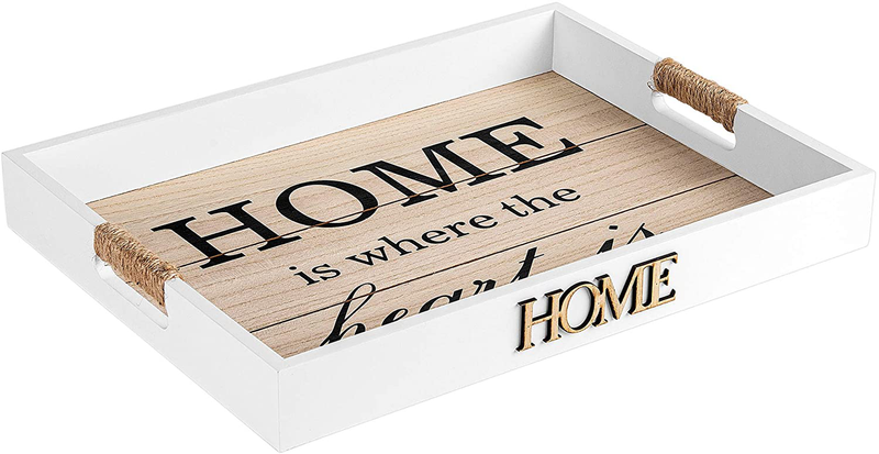 Hendson Serving Tray - Home is Where The Heart is - Wooden Decorative Tray for Ottoman Coffee Table - 16"X12" - Home Sign White Farmhouse Tray with Handles for Living Room, Kitchen Home & Garden > Decor > Decorative Trays Hendson Default Title  