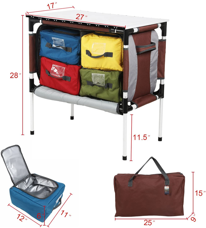 PORTAL Multifunctional Folding Camp Table Aluminum Lightweight Picnic Organizer with Large Zippered Compartment Contains Four Cooler Storage Bags for BBQ, Party, Camping, Kitchen