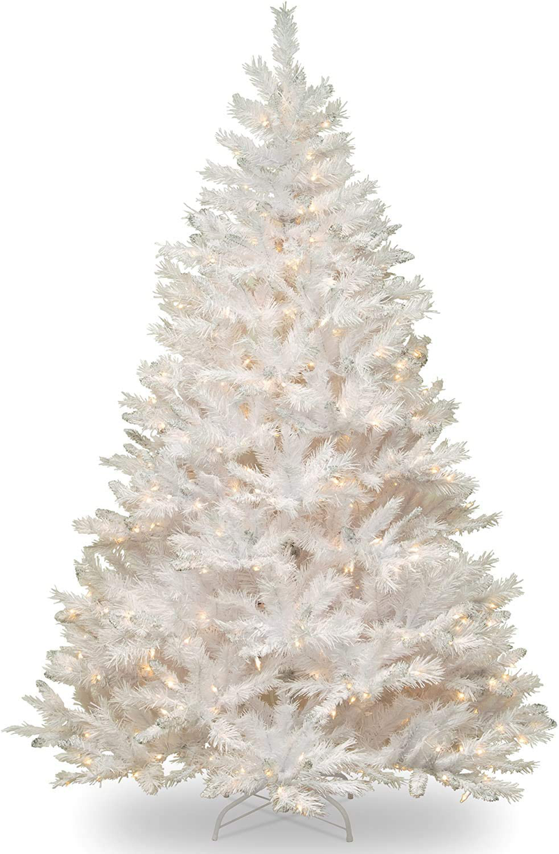 National Tree Company Pre-lit Artificial Christmas Tree | Includes Pre-strung White Lights and Stand | White With Silver Glitter | Winchester White Pine - 7 ft