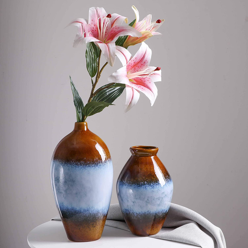 TERESA'S COLLECTIONS Rustic Reactive Glazed Ceramic Vase, Blue and Brown Decorative Vases for Bedroom, Windowsills, Desktop, Living Room, 12 inch, Set of 2 Home & Garden > Decor > Vases TERESA'S COLLECTIONS   
