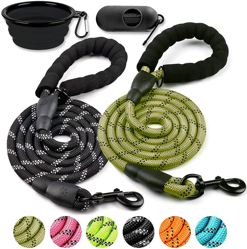 COOYOO 2 Pack Dog Leash 5 FT Heavy Duty - Comfortable Padded Handle - Reflective Dog Leash for Medium Large Dogs with Collapsible Pet Bowl Animals & Pet Supplies > Pet Supplies > Dog Supplies COOYOO Set 8-Black+Olive 0.5in. x 5ft.(for dogs weight 18-120lbs.) 