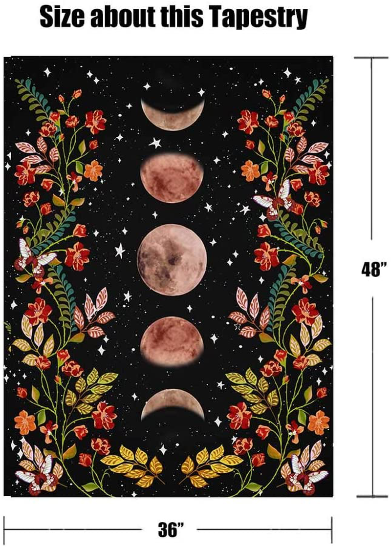 Lifeel Moonlit Garden Tapestry, Moon Phase Surrounded by Vines and Flowers Black Wall Decor Tapestry 36×48 inches Home & Garden > Decor > Artwork > Decorative Tapestries Lifeel   