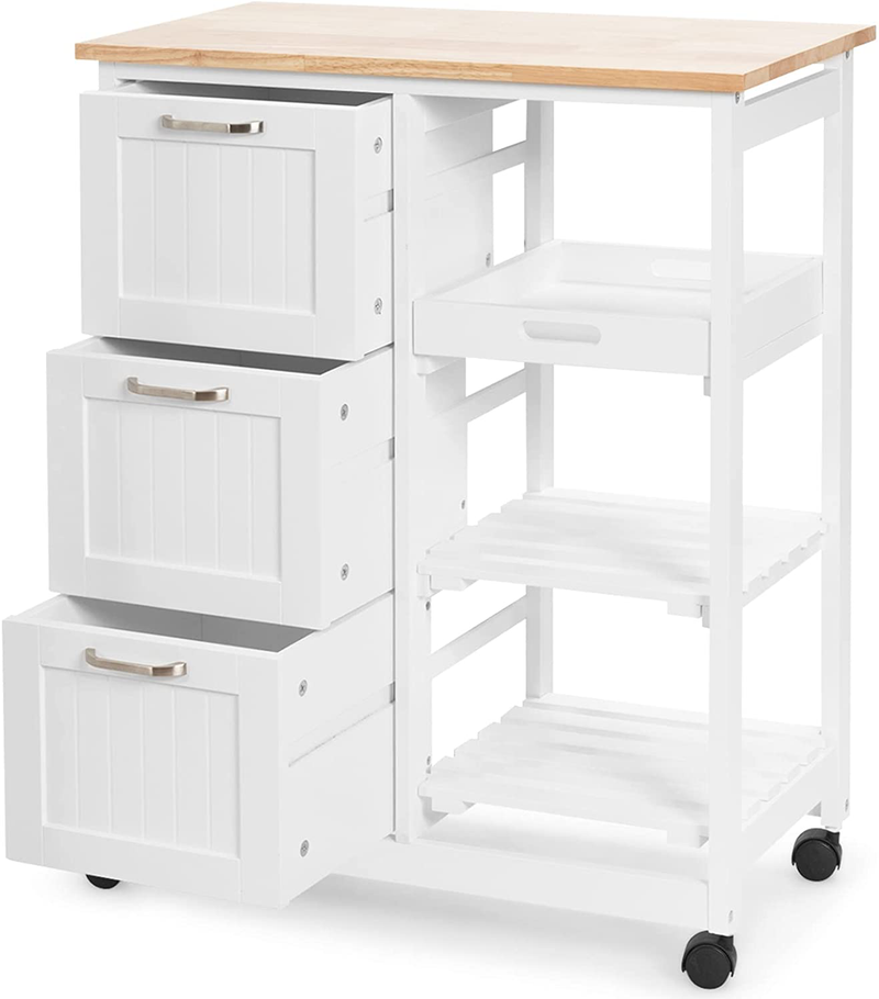 COSTWAY Kitchen Storage Island Cart on Wheels, Kitchen Rolling Trolley Cart with 3 Drawers and Shelves, 360° Wheels & Detachable Tray, Utility Cart for Dining Room, Living Room & Bedroom (Black) Home & Garden > Kitchen & Dining > Food Storage COSTWAY White  