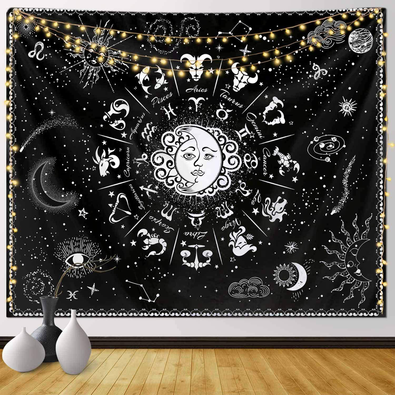 Funeon Sun and Moon Zodiac Tapestry Wall Hanging Black and White Constellation Tapestry Astrology for Bedroom Witchy Tapestries Indie Room Decor Teen Girl Small Dorm College Tapestry 51x60inch Home & Garden > Decor > Artwork > Decorative Tapestries Funeon Zodiac Small 51''x60'' 