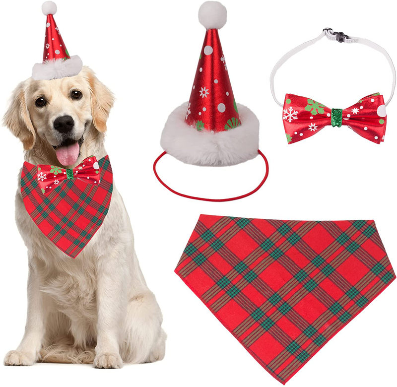 Christmas Dog Bandana Hat Bowtie, Red Plaid Dog Christma Bandana Triangle Scarf Dog Christmas Outfit Costume Accessories for Small Medium Dogs Pets