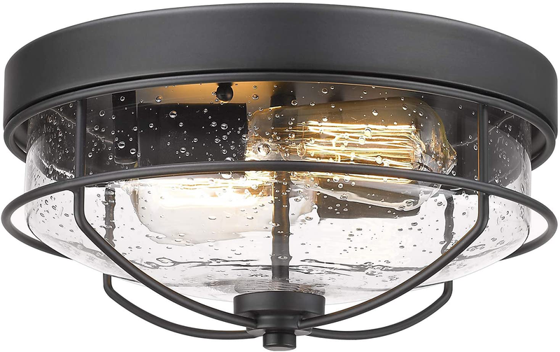 Flush Mount Ceiling Light Fixtures, HWH 12 Inch 2-Light Farmhouse Close to Ceiling Light Fixture with Seeded Glass Shade, Sand Black Finish, 5HTJ7-F BK