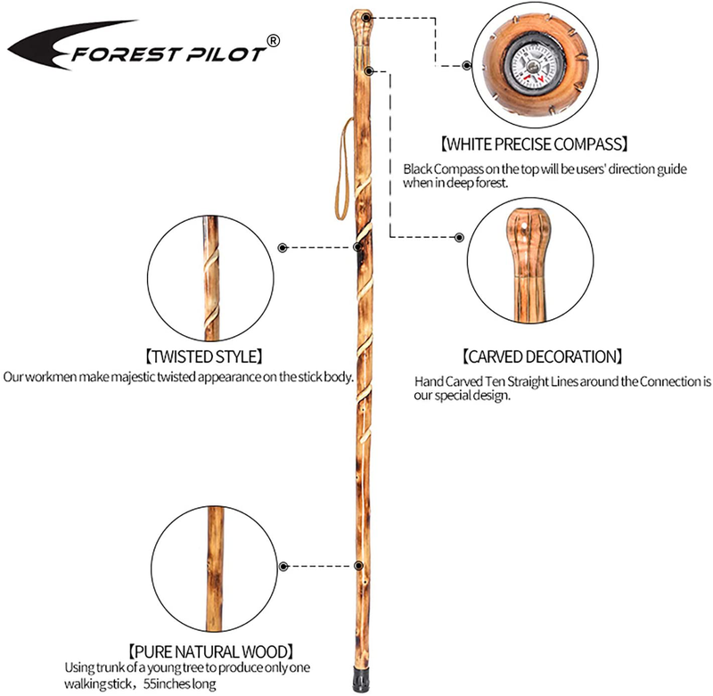 FOREST PILOT Big Ball Head Wooden Walking Stick with a Compass (Nature Color, 48 Inches, One Piece)