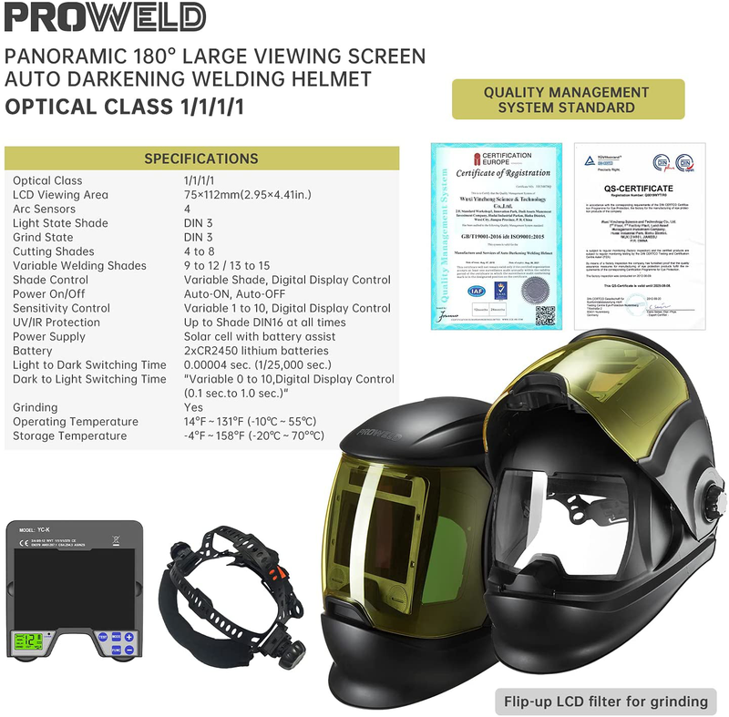 PROWELD Panoramic 180° Large Viewing Screen Auto Darkening Flip Up Welding Helmet with Side View, True Color Highest Optical Class 1/1/1/1, 4 Arc Sensor, 9 to 12/13 to 15 Variable Welding Shades