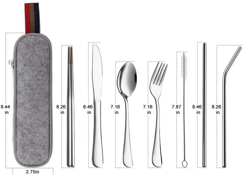 DEVICO Portable Utensils, Travel Camping Cutlery Set, 8-Piece including Knife Fork Spoon Chopsticks Cleaning Brush Straws Portable Case, Stainless Steel Flatware set (Silver) Home & Garden > Kitchen & Dining > Tableware > Flatware > Flatware Sets DEVICO   