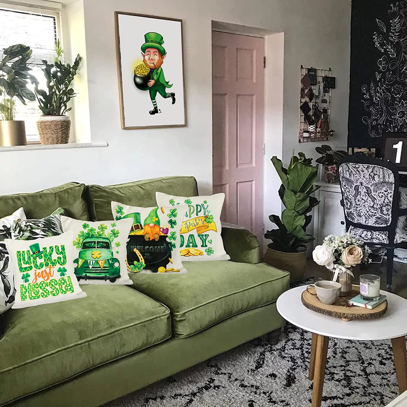 ESTTOP St Patricks Day Pillow Covers 18×18, Set of 4 Throw Pillow Covers, Happy St Patrick'S Day Decor, Green Trunk and Gnome , Clover, Lucky and Blessed, Indoor Green ST Pat'S Day Decorations Arts & Entertainment > Party & Celebration > Party Supplies ESTTOP   