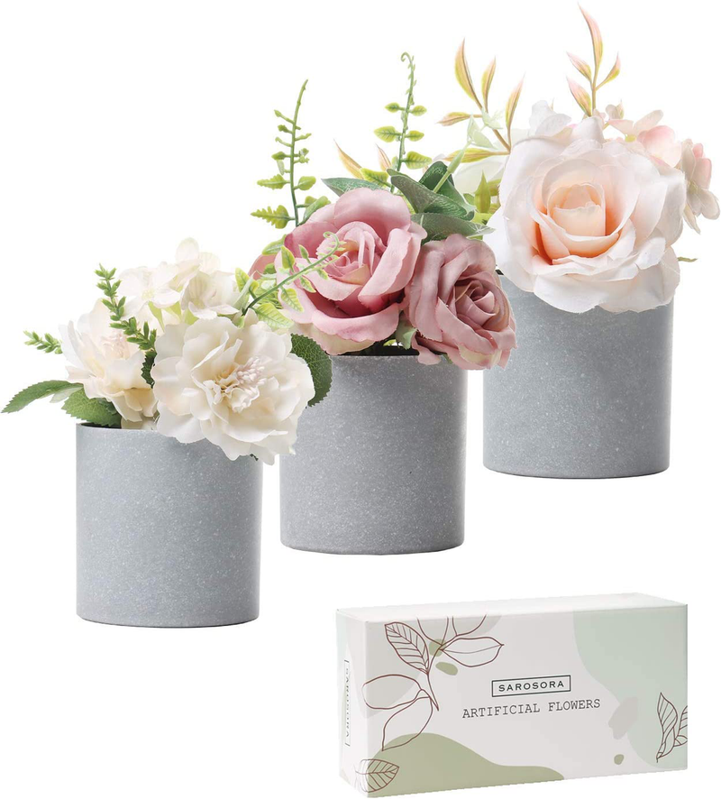 SAROSORA Artificial Potted Flower Plants - with Plastic Vase Planter for Home Decor Wedding Decor Rose & Peony Arrangement Gift - 6 Inch Set of 3 (Square) Home & Garden > Decor > Vases SAROSORA Round  