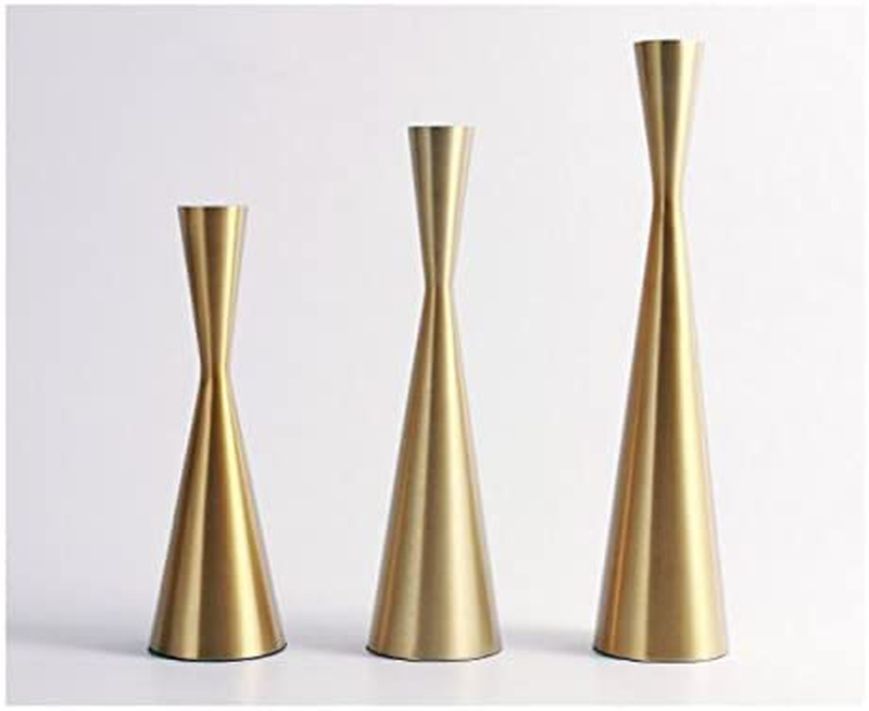 Set of 3 Brass Gold Metal Taper Candle Holders Candlestick Holders, Vintage & Modern Decorative Centerpiece Candlestick Holders for Table Mantel Wedding Housewarming Gift (Brass Golden, S+M+L/SET) Home & Garden > Decor > Home Fragrance Accessories > Candle Holders KiaoTime   