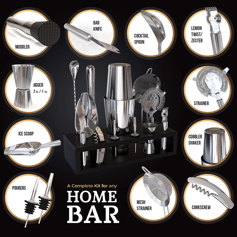 Highball & Chaser Bartender Kit with Espresso Bamboo Stand Cocktail Shaker Set with Bar Tools Stainless Steel Boston Shaker Bartender Kit with Stand (Silver)
