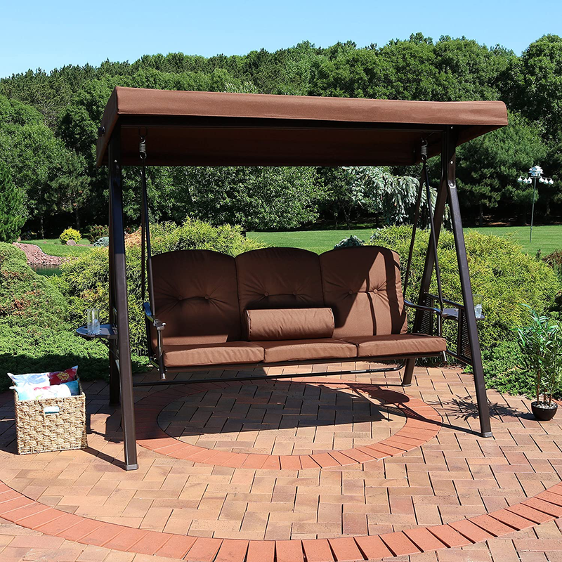 Sunnydaze 3-Person Outdoor Patio Swing Bench with Adjustable Tilt Canopy, Durable Steel Metal Frame, Cushions and Pillow Included, Brown Home & Garden > Lawn & Garden > Outdoor Living > Porch Swings Sunnydaze   