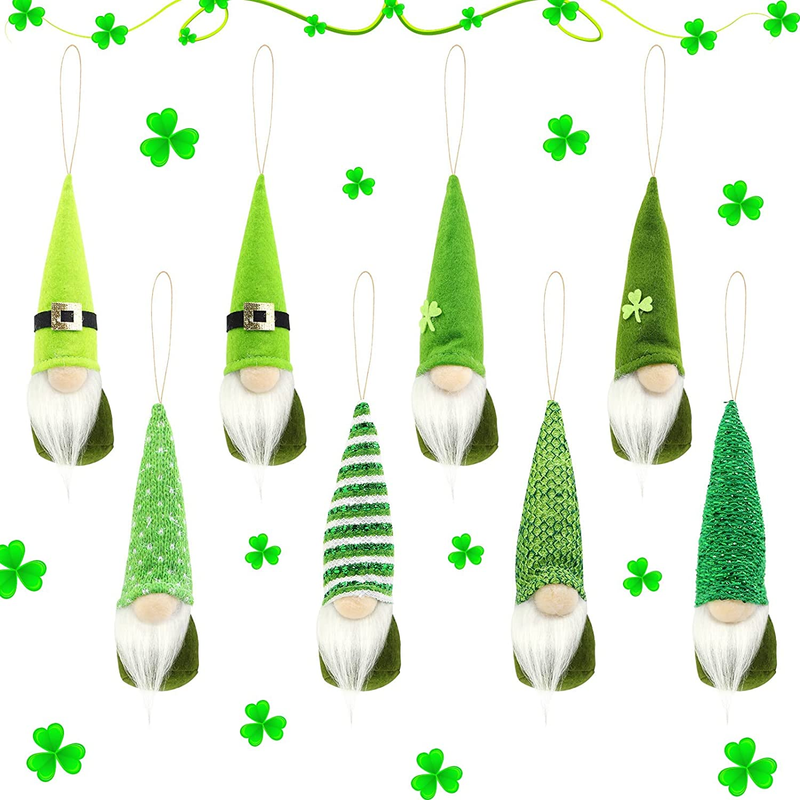 St Patricks Day Gnomes Decorations, 8 Pieces St. Patrick'S Day Hanging Ornaments, Handmade St Patricks Day Shamrock Gnomes Leprechaun Swedish Tomtees Irish Gnome Elf Scandinavian Home Decor